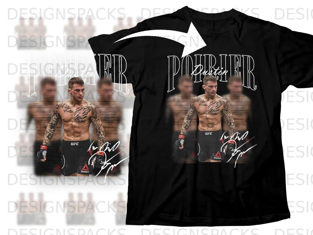 Black t-shirt featuring a graphic of UFC fighter Dustin Poirier with his signature.