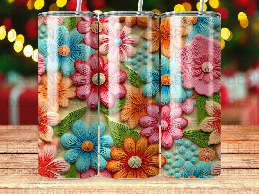 Floral pattern with colorful daisies, bluebells, and leaves on a tumbler.