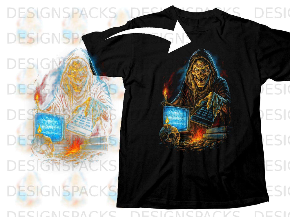 Grim reaper character with skull, candle, and vintage TV on a black t-shirt.