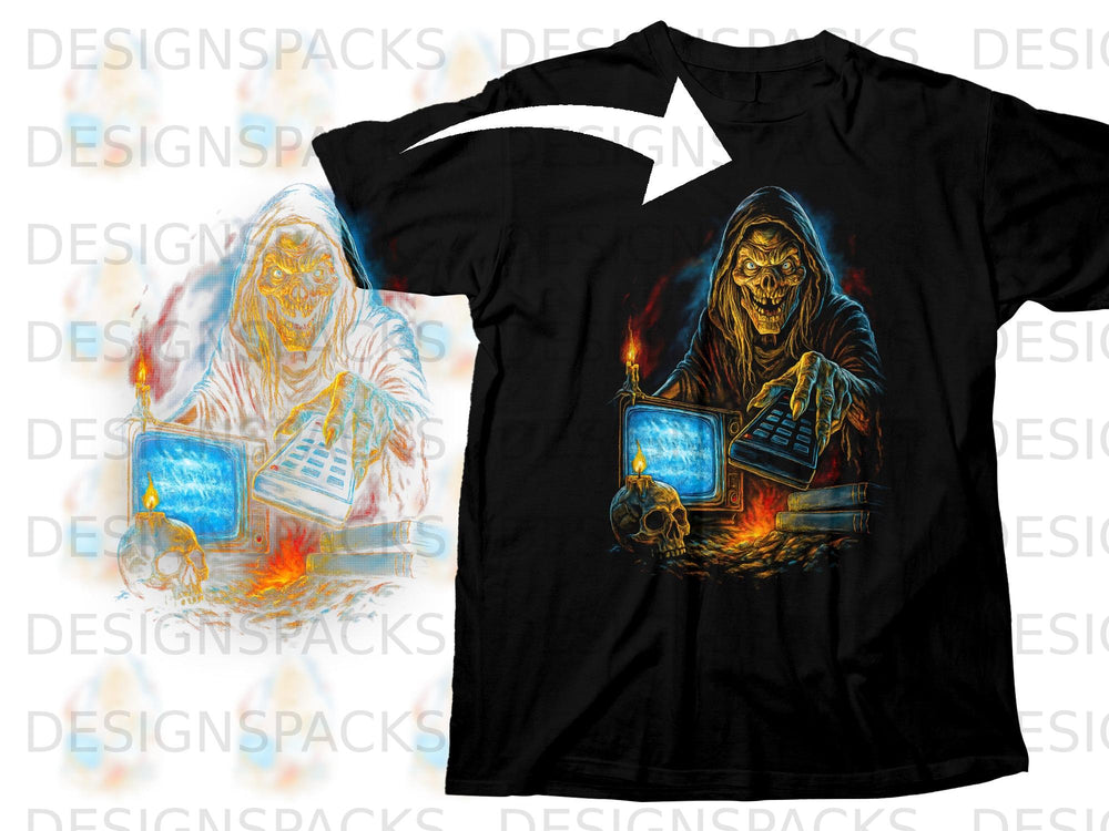 Grim reaper character with skull, candle, and vintage TV on a black t-shirt.