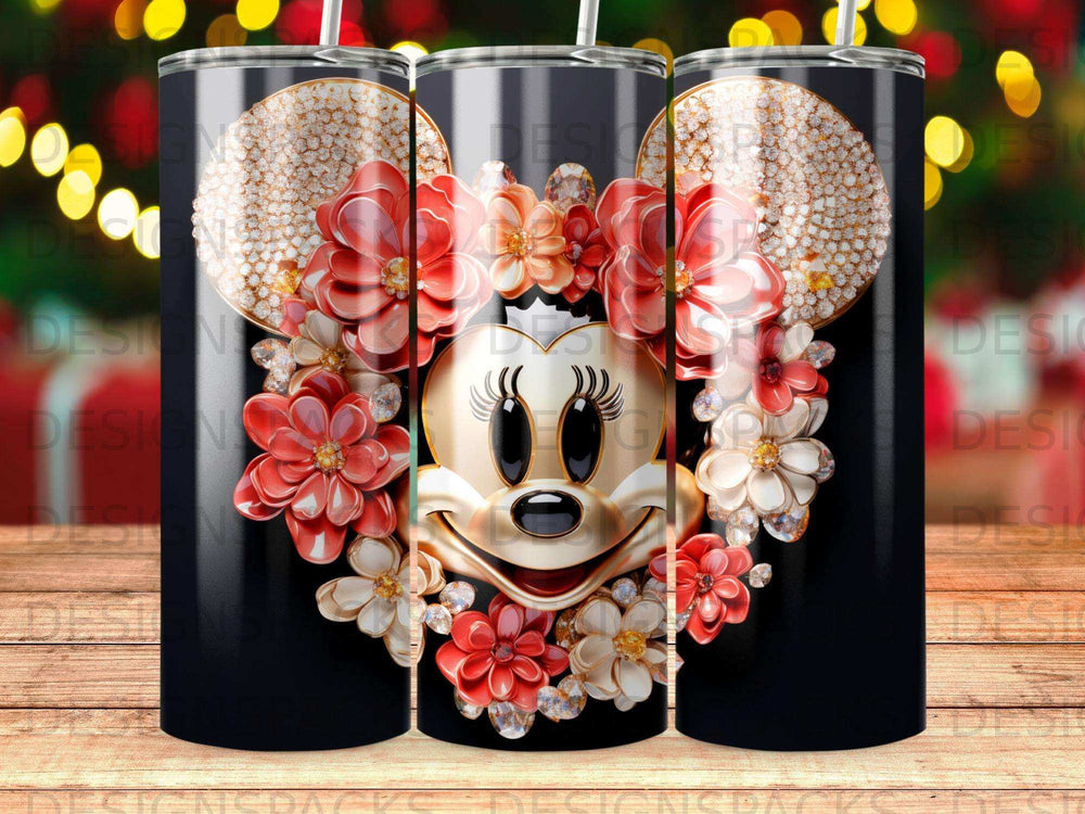 Minnie Mouse face surrounded by red and white flowers and rhinestones on a black tumbler.