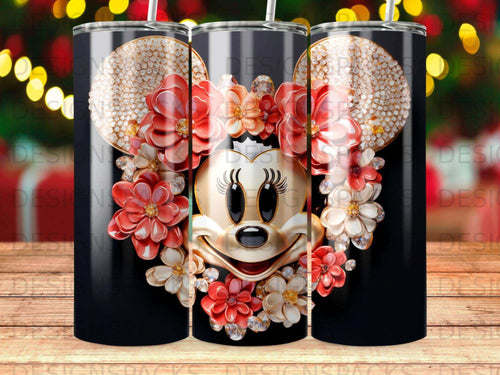 Minnie Mouse face surrounded by red and white flowers and rhinestones on a black tumbler.