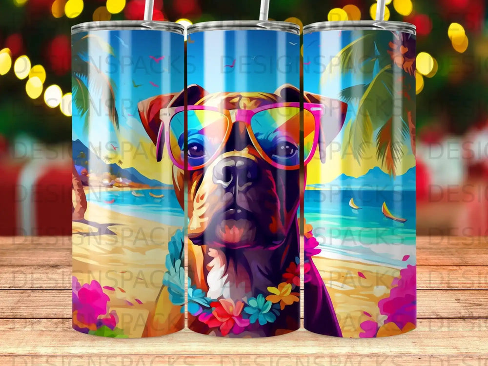 Dog wearing sunglasses and a lei, vibrant beach background.
