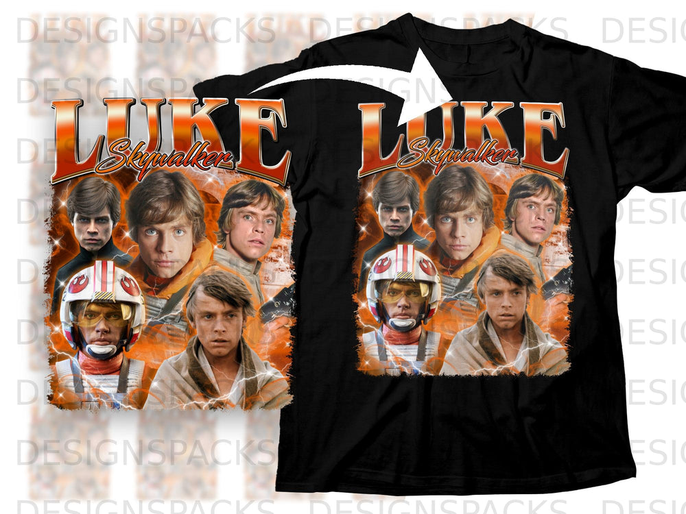 Black t-shirt with "Luke Skywalker" graphic and collage of Luke Skywalker images.