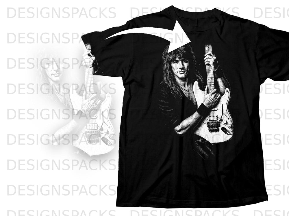 Black t-shirt with a graphic of a man holding a guitar