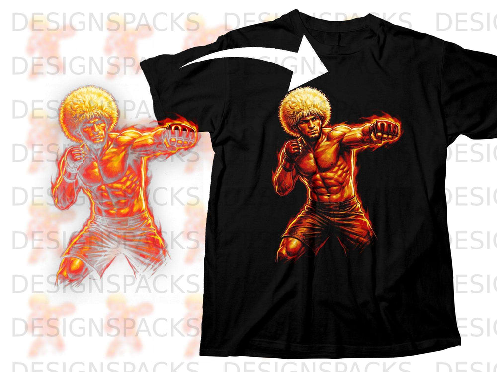 Black t-shirt with a fiery MMA fighter graphic on the front.