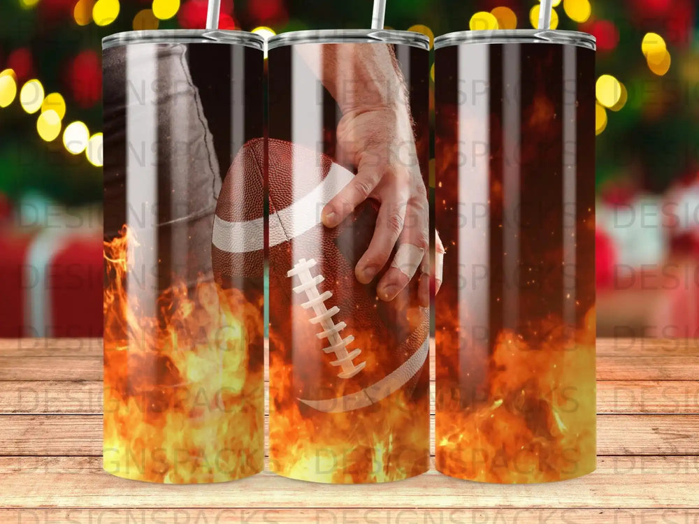 American football and flames design on a tall tumbler cup.