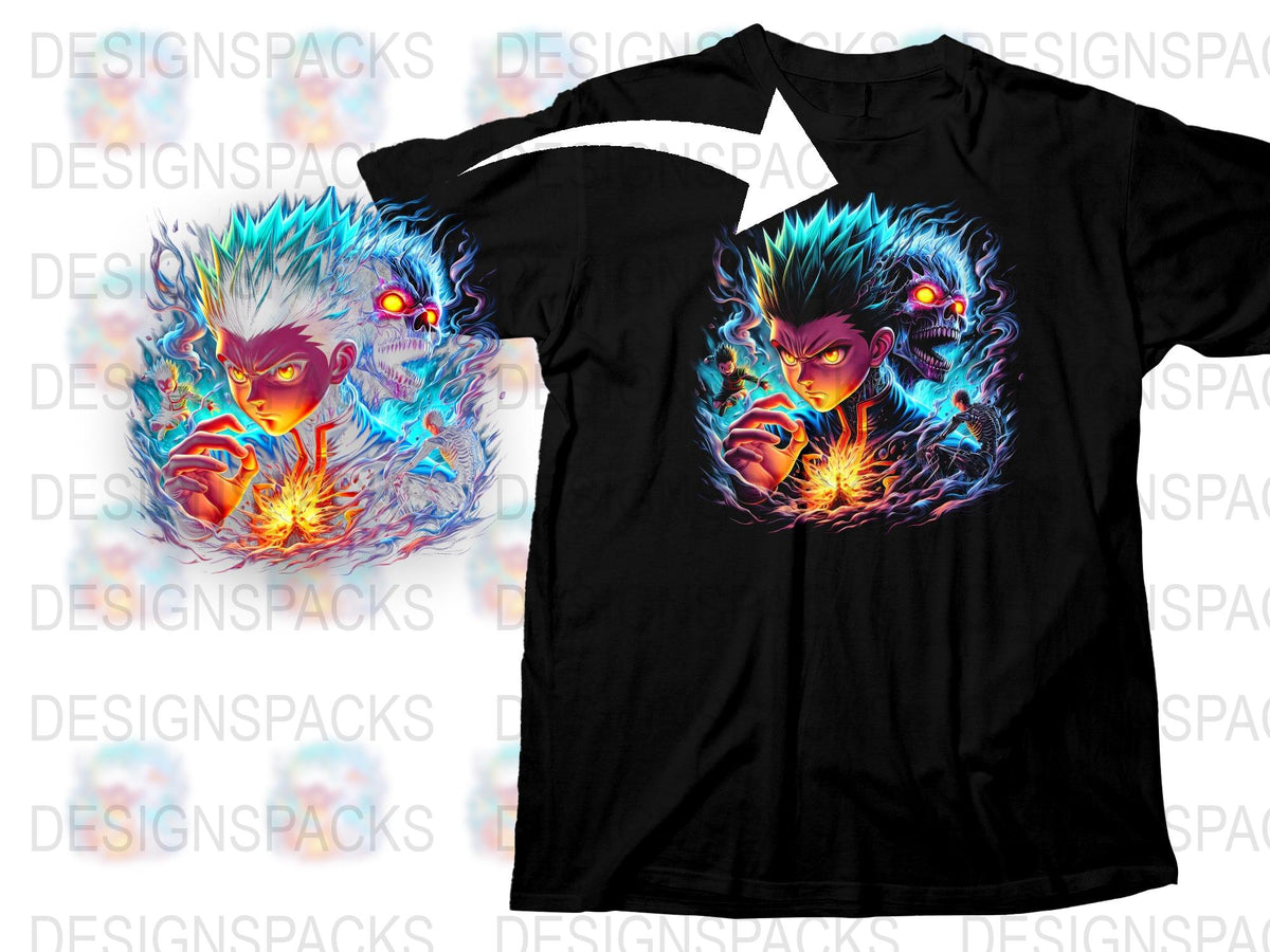 Men's Anime Graphic Tee, Cool Blue Flame Character Design T-Shirt, Unique Anime Apparel, Vivid Colors, Casual Wear