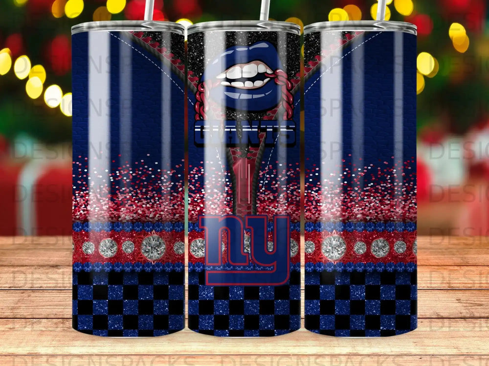 New York Giants tumbler with checkered blue and red pattern and glitter accents.