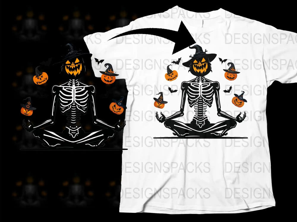 Halloween Skeleton T-Shirt Yoga Pose Pumpkin Graphic Men Women Unisex Party Wear