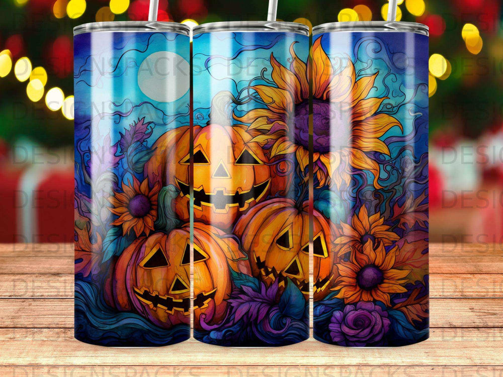 Three jack-o'-lanterns with sunflowers and purple flowers against a moonlit sky.
