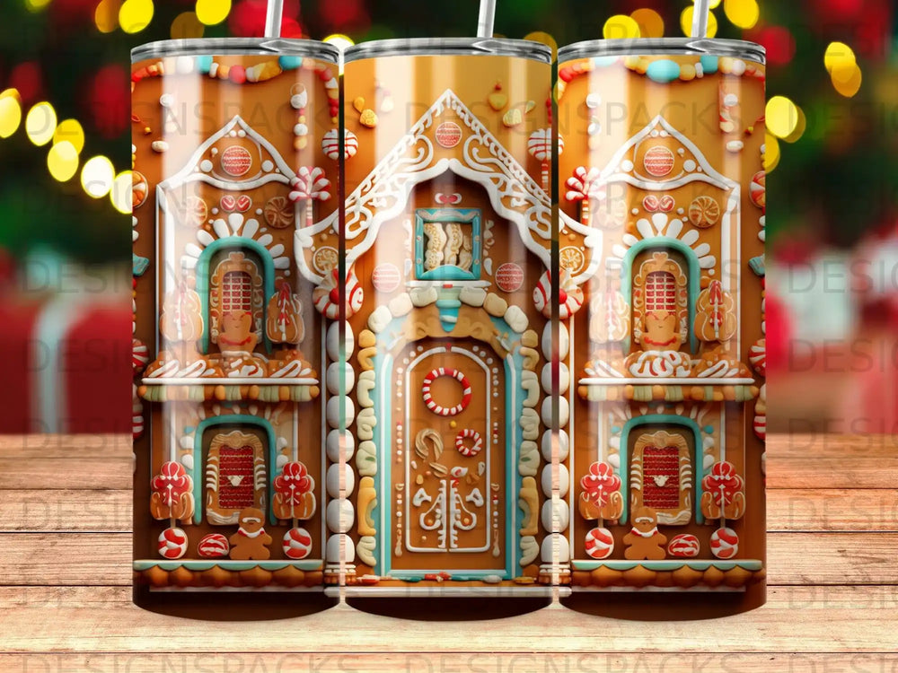 Gingerbread house design on three tumblers with festive lights in background.