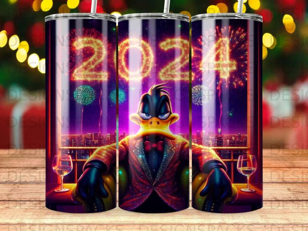 Duck character in a tuxedo sits in a chair, 2024 fireworks in background.