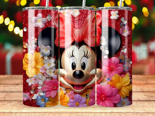 Minnie Mouse surrounded by colorful flowers and red glitter.