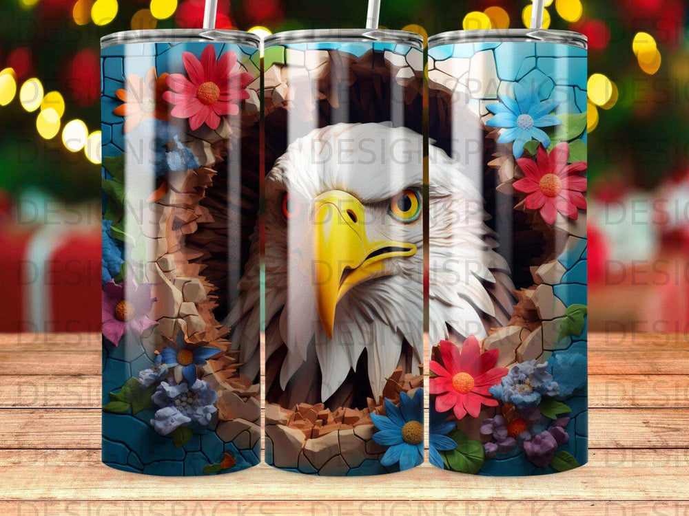 Eagle's head emerging from broken wall with colorful flowers.