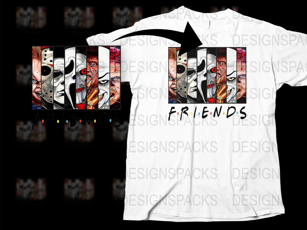 Horror Movie Icons Friends T-Shirt, Scary Character Collage, Unisex Graphic Tee, Unique Horror Fan Gift, Bold Print Top