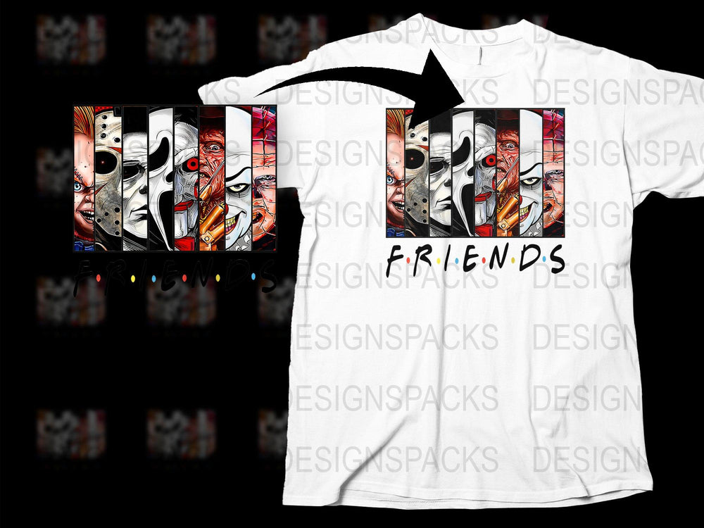 Horror Movie Icons Friends T-Shirt, Scary Character Collage, Unisex Graphic Tee, Unique Horror Fan Gift, Bold Print Top