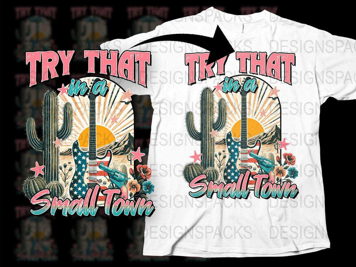 Retro Tiki Bar T-Shirt, Tropical Summer Try That in a Small Town Tee, Vintage Graphic Shirt with Cactus and Sunset Design
