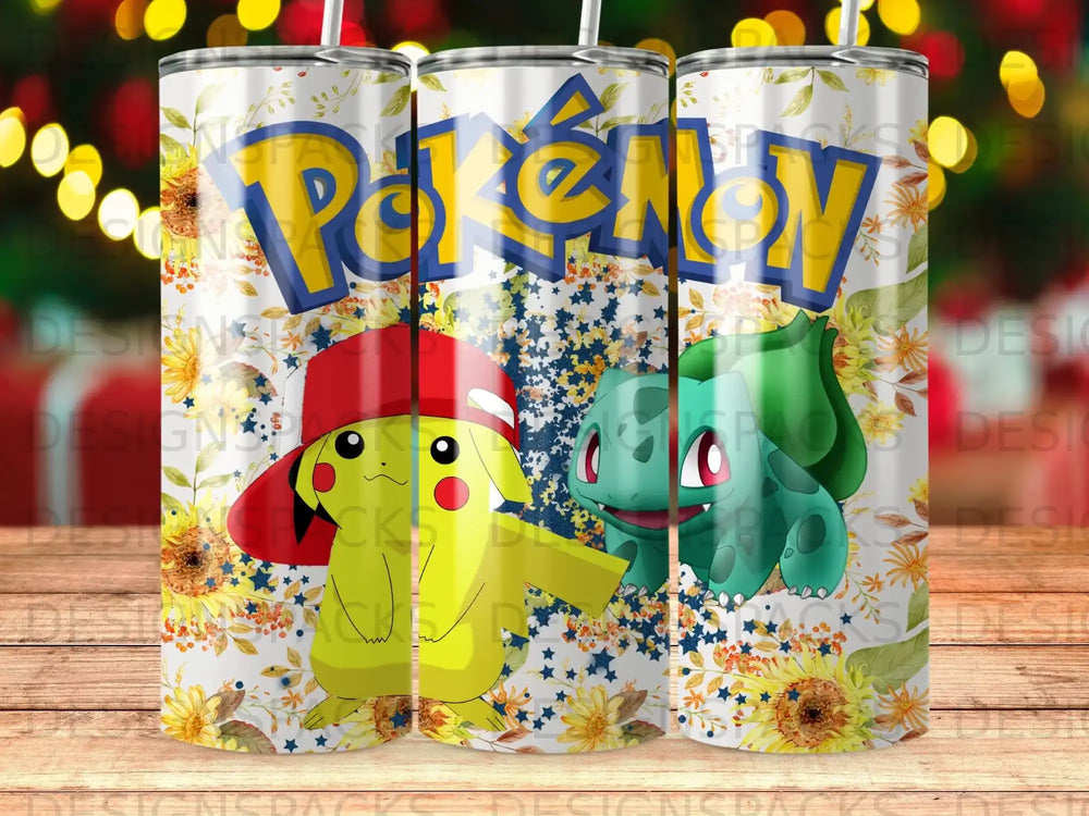 Pokemon Pikachu and Bulbasaur on a tumbler with floral and star pattern.