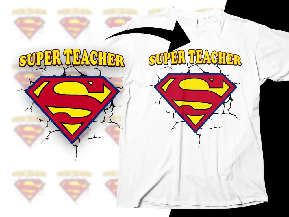 Super Teacher t-shirt design with Superman logo and cracked effect, ideal for DTF/DTG printing