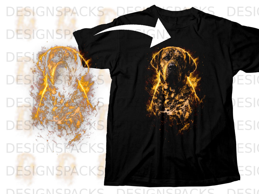 Black t-shirt with a brindled dog portrait engulfed in fiery orange and yellow light.