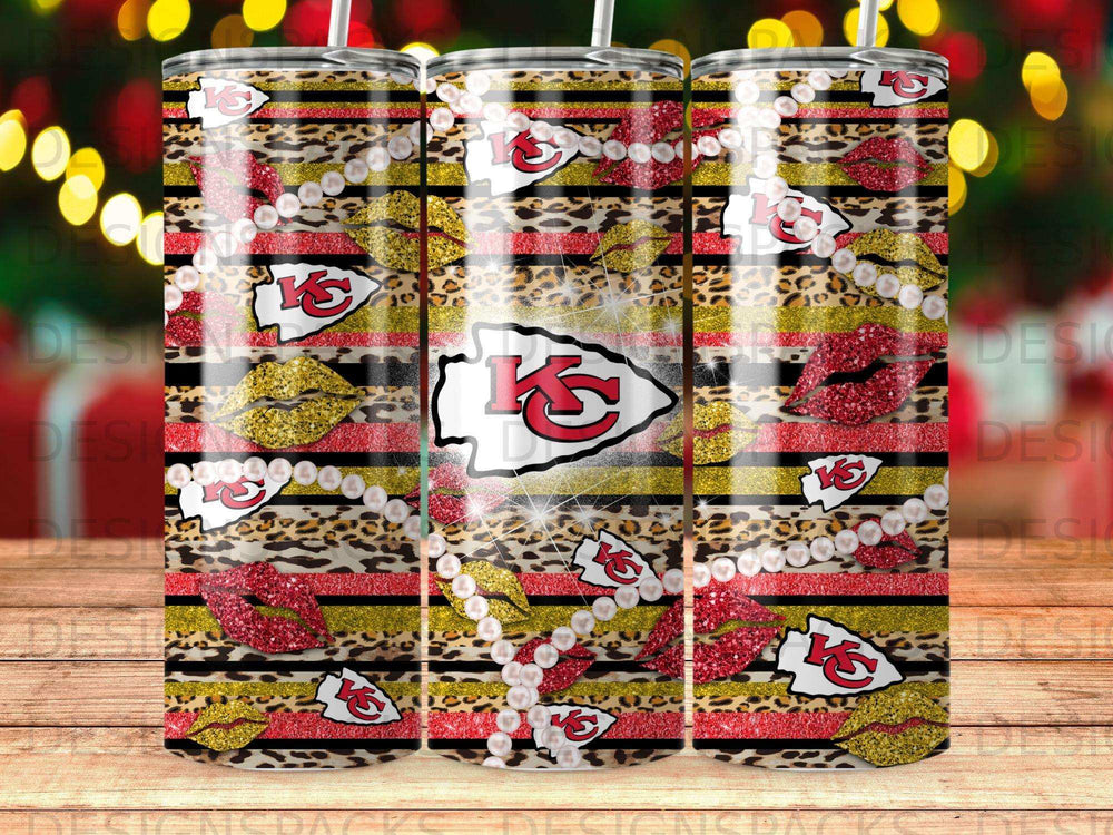 Kansas City Chiefs themed tumbler with leopard print, glitter lips, and pearls.