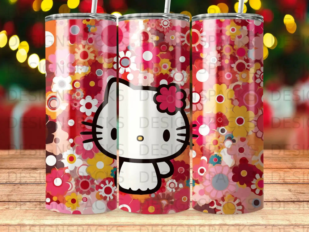 Hello Kitty on a pink floral tumbler with a repeating pattern.