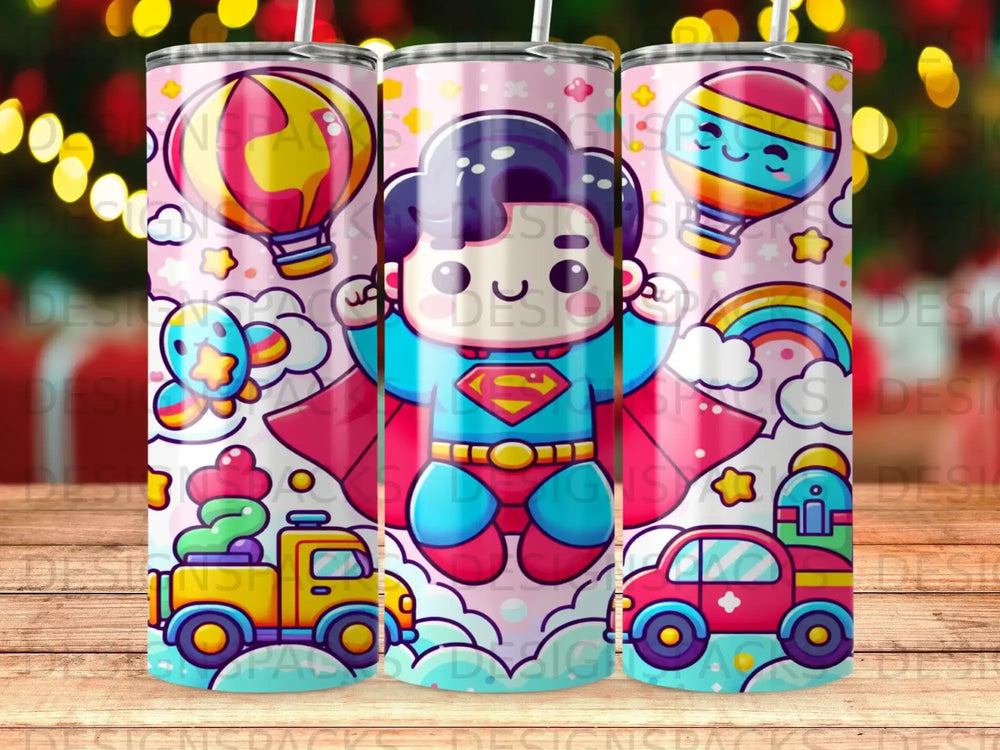 Superhero boy with cape flying between balloons, car, truck, and rainbow.