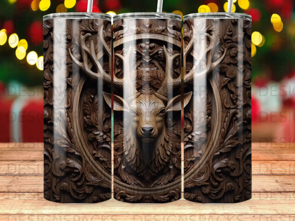 Wooden carved deer head in circular relief on a tumbler.