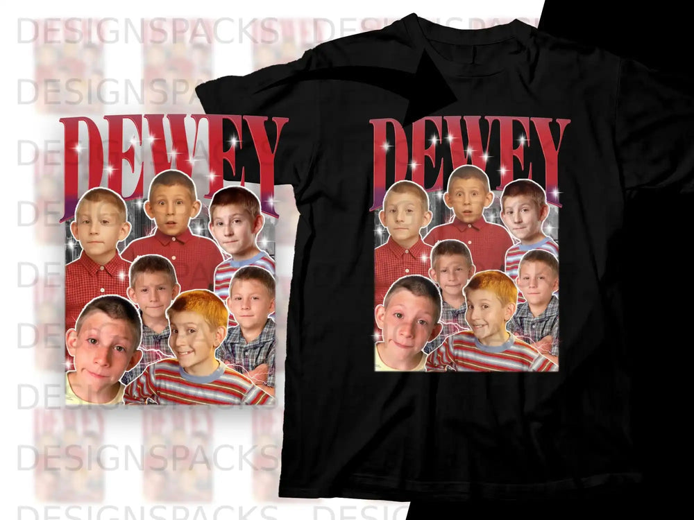 Black t-shirt with collage of Frankie Muniz as Malcolm in the Middle character Dewey.