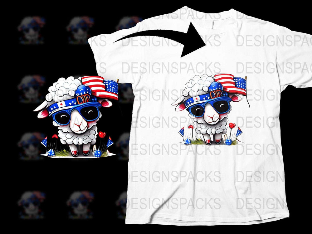 Patriotic Sheep T-Shirt, USA Flag Sunglasses, Cute Animal Graphic Tee, Independence Day Outfit