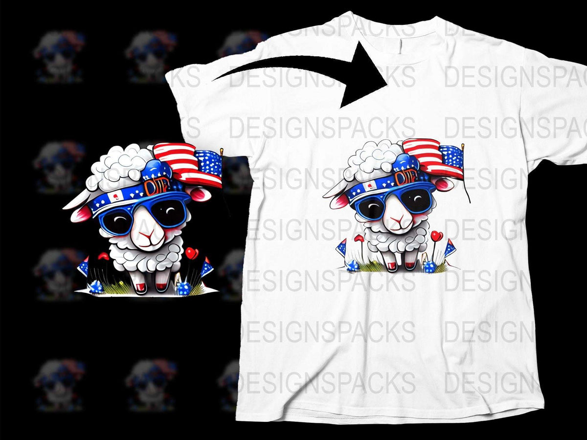 Patriotic Sheep T-Shirt, USA Flag Sunglasses, Cute Animal Graphic Tee, Independence Day Outfit