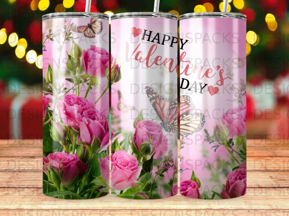 Happy Valentine's Day tumbler with pink roses and a butterfly.
