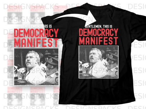 Black t-shirt with a printed image of a man and text 