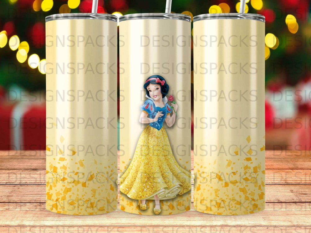 Snow White in a yellow glitter dress holding a flower against a yellow and white pattern.