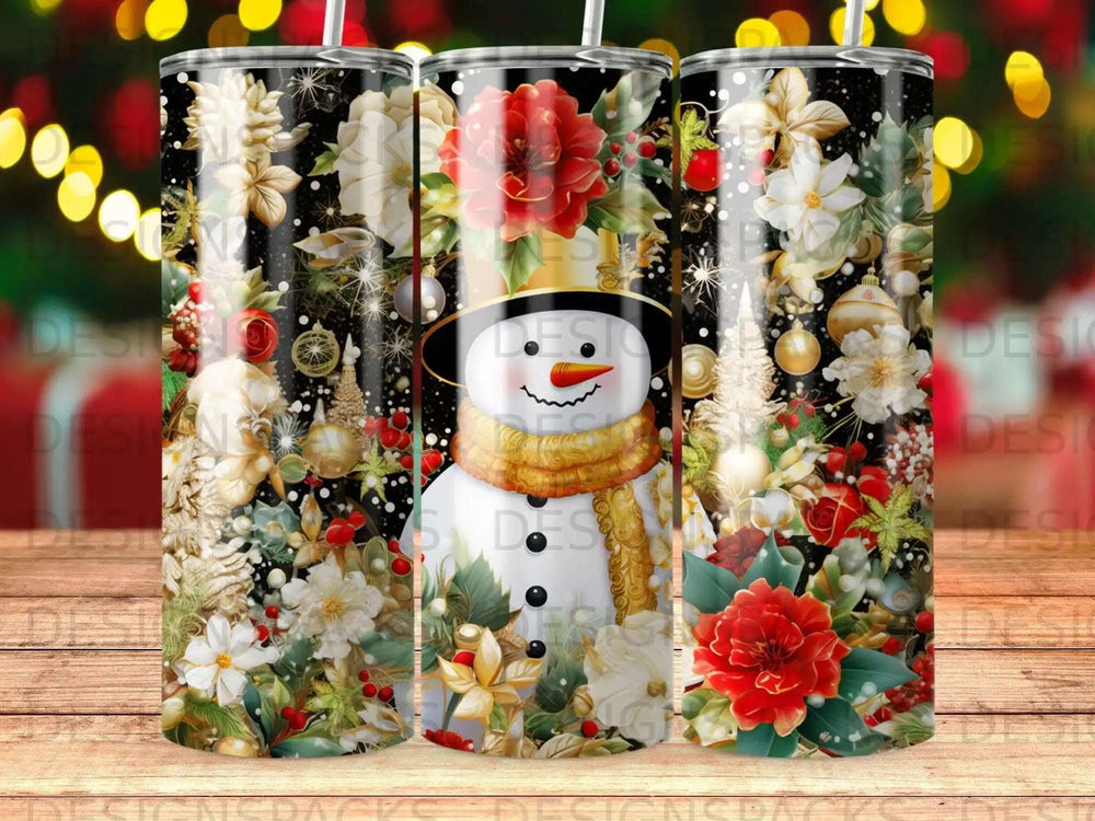 Snowman with floral and festive holiday design on a skinny tumbler.