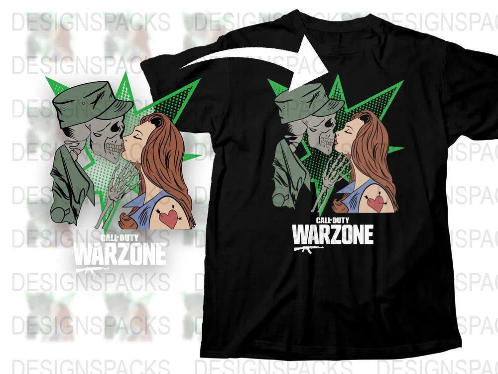 Call of Duty Warzone T-Shirt, Gaming Graphic Tee, Couple Kissing Design, Unisex Black Cotton Shirt