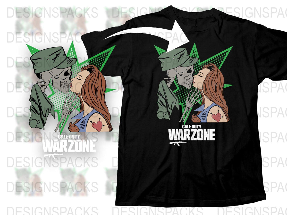 Call of Duty Warzone T-Shirt, Gaming Graphic Tee, Couple Kissing Design, Unisex Black Cotton Shirt