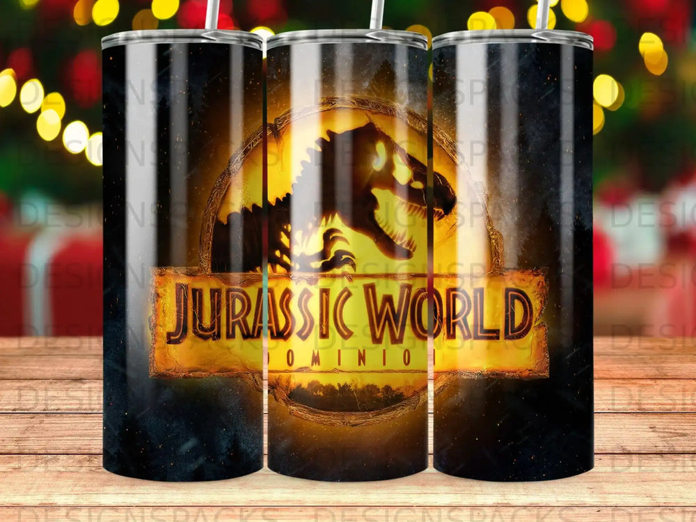 Jurassic World Dominion tumbler with T-Rex silhouette and glowing logo.
