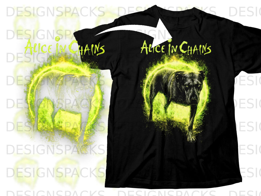 Black t-shirt with Alice in Chains logo and a pitbull surrounded by green energy.