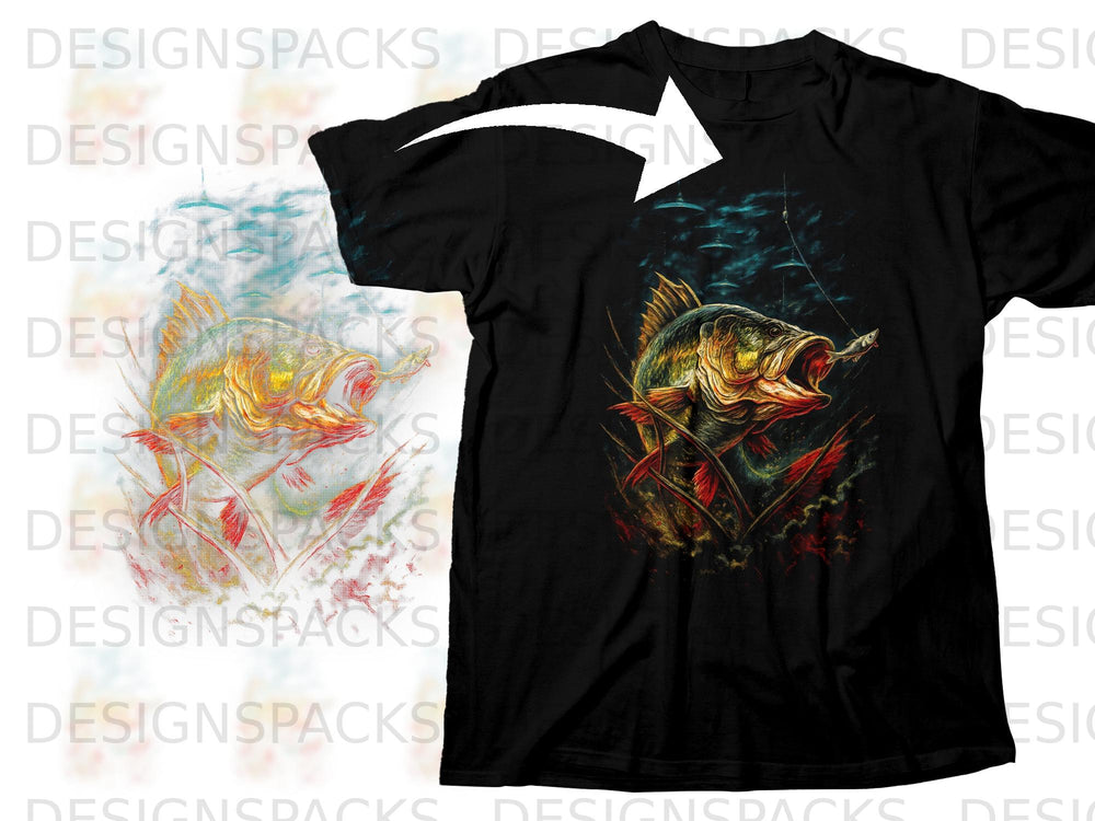 Black t-shirt with graphic of a large fish leaping to catch a lure.