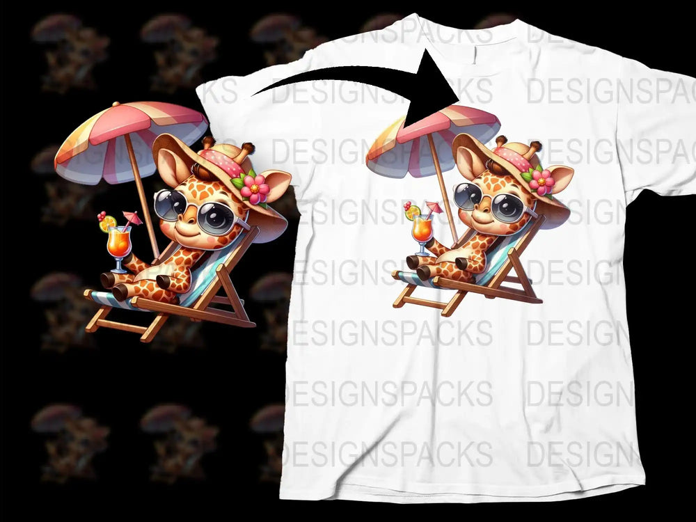Cute Giraffe Cartoon Summer Beach T-Shirt, Kids Fun Animal Print Graphic Tee, Colorful Vacation Shirt for All Ages