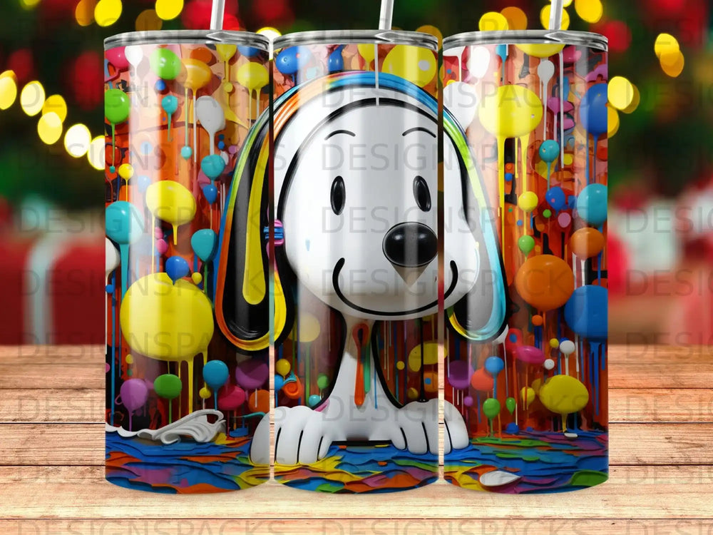 Snoopy with colorful drips and bubbles against a blurred bokeh background.