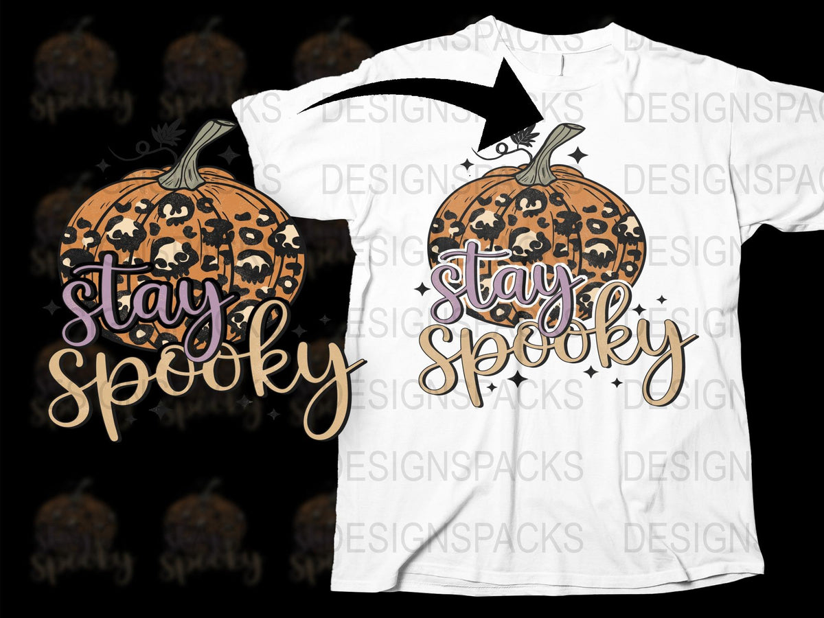 Stay Spooky Halloween Pumpkin Leopard Print T-Shirt, Witch Hat Graphic Tee, Fall Fashion Top
