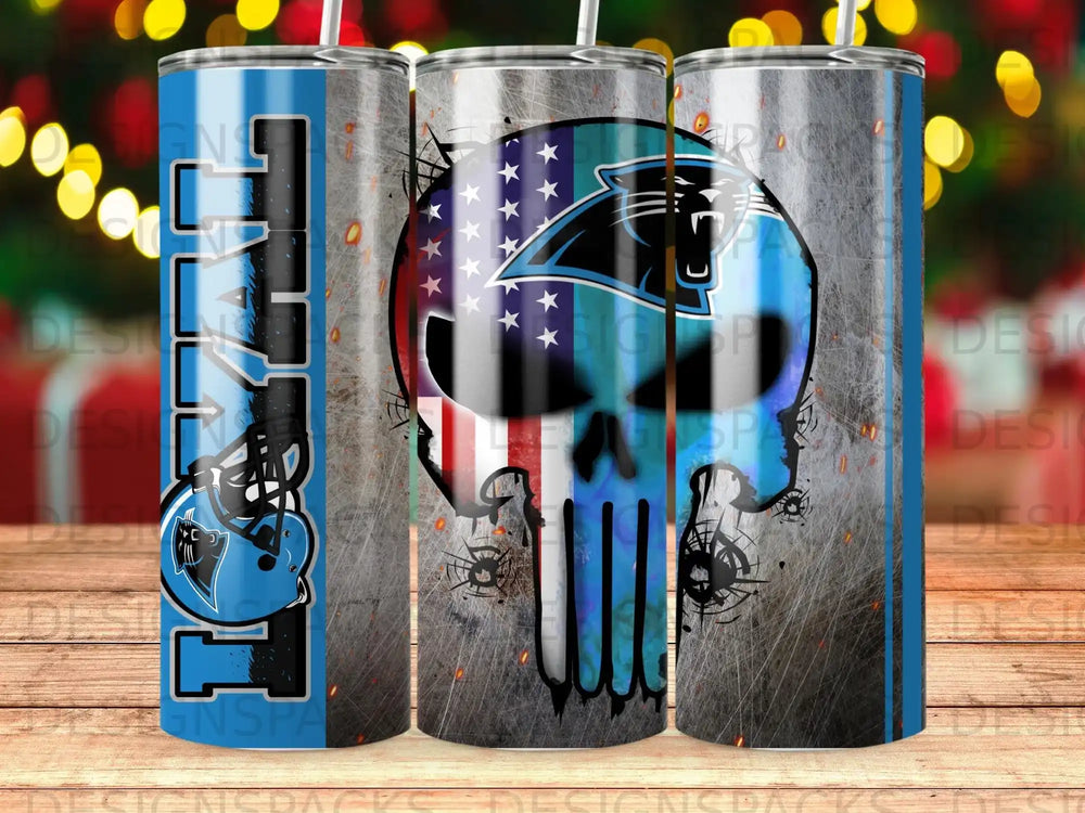 Carolina Panthers skull and flag tumbler with distressed metal background.