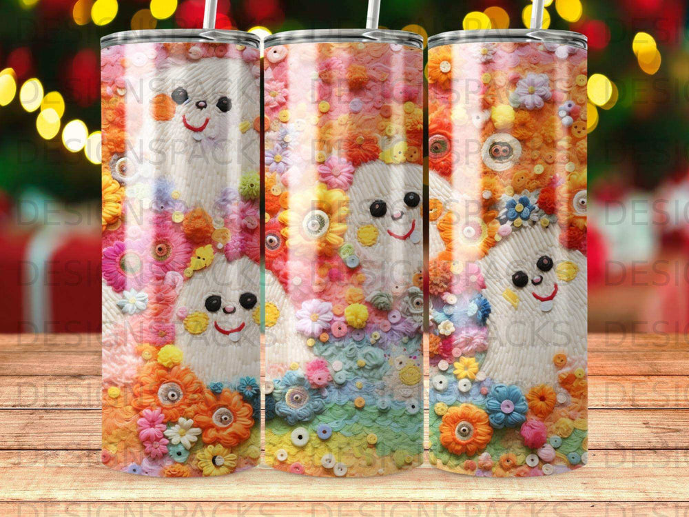 Three tumblers with a white dog, colorful flowers, and a subtle sparkle background.