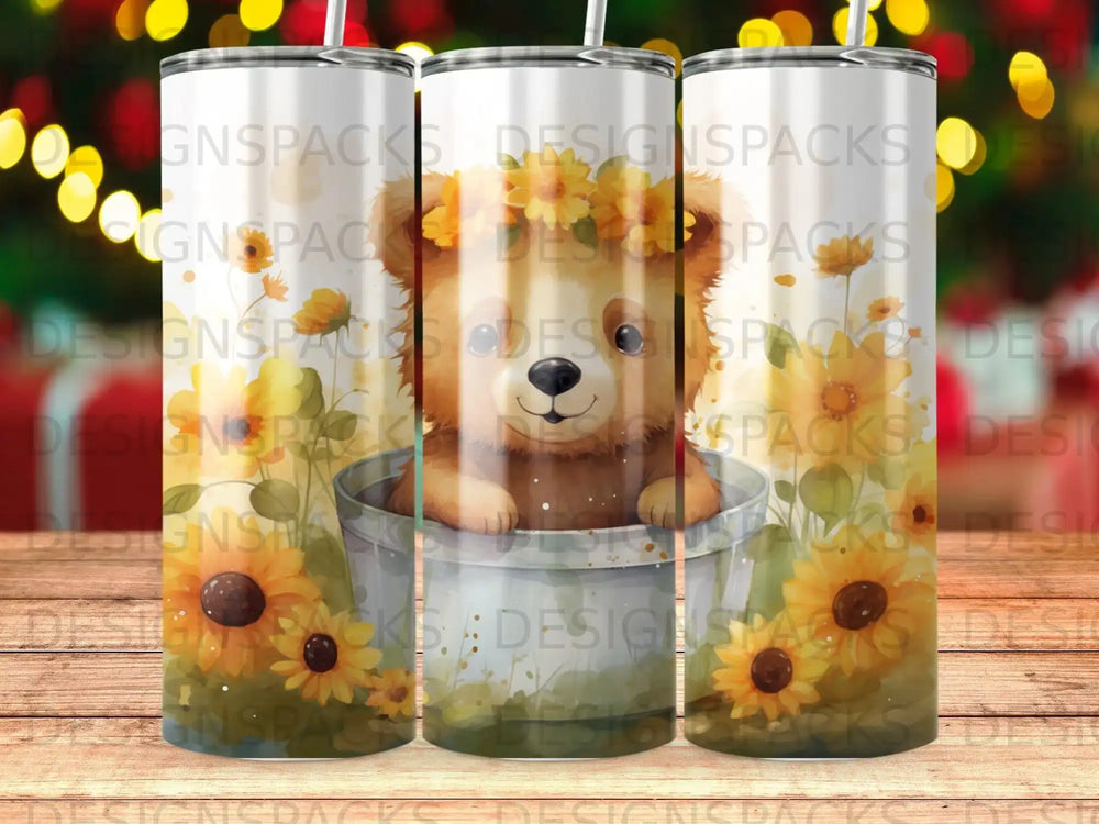 Bear in bucket with sunflowers, for sublimation.