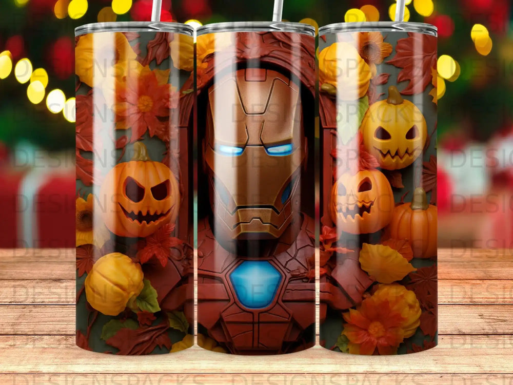 Iron Man mask with pumpkins and autumn leaves on a tumbler.