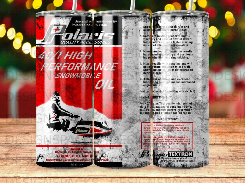 Polaris 2-stroke snowmobile oil with a red and white design, 20 fl. oz.