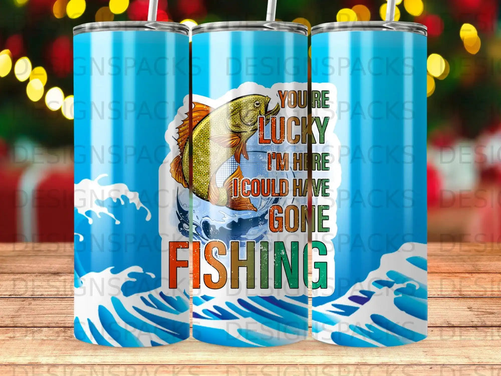 Lucky I'm here, gone fishing tumbler with fish graphic and wavy background.